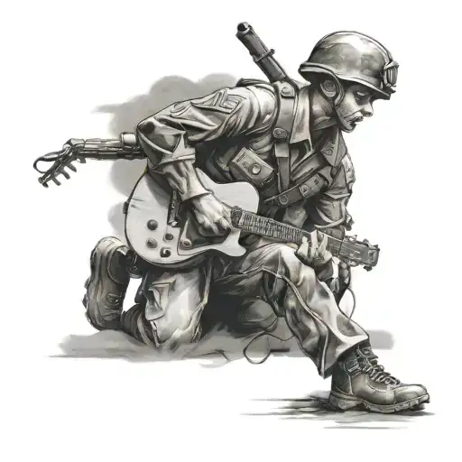 Design A Tattoo Of A Soldier Playing A Guitar In A Battlefield Setting