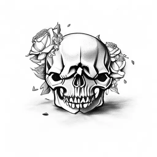 Evil Skull With Flowers Black And Gray