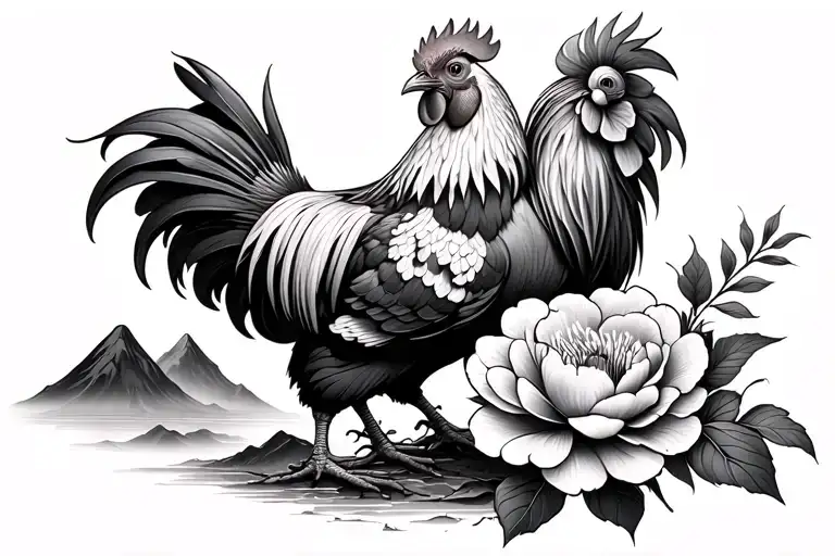 Proud And Elegant Rooster With A Big Peony And A Mountain In The Bottom