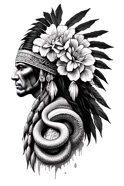 Native American Warrior With Snakes And Flowers Wrapped