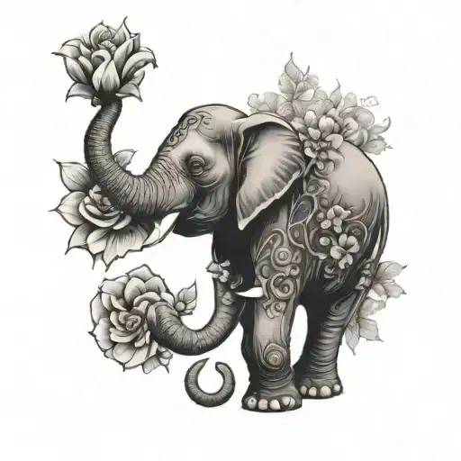 Elephant Head With Flowers And A Pagoda