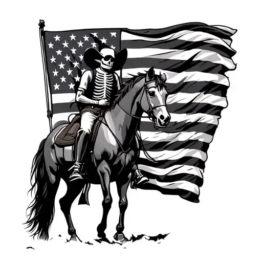 Skeleton Cowboy Riding Horse Holding American Flag