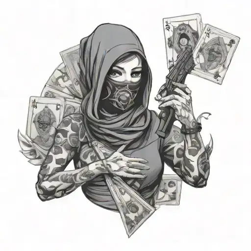 Balaclava Girl Holding A Gun With Cards Arranged