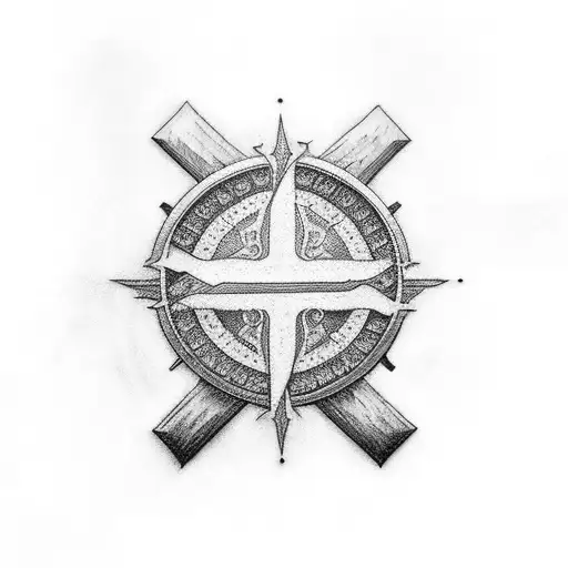 A Black-grey Tattoo Of A Christian Cross With Intricate Graphic Design Patterns