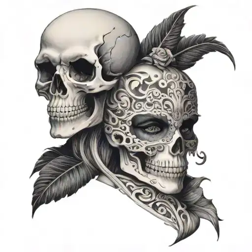 Skull With Feminine Mask Split In Half