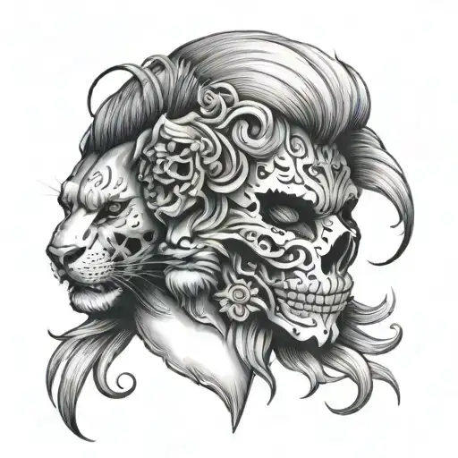 Skull With Feminine Half Lion Mask Split