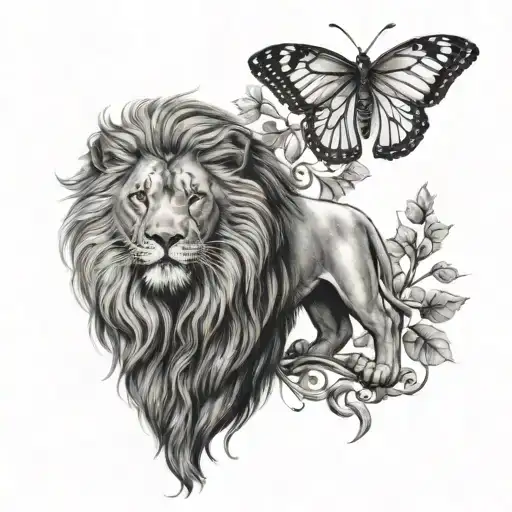 A Single Heraldic Lion And A Single Butterfly Underneath A Sycamore Tree
