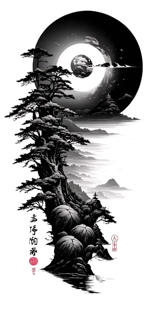 Nova Scotia Nature Landscape Combined With Buddist Symbols In Japanese Black And White Style