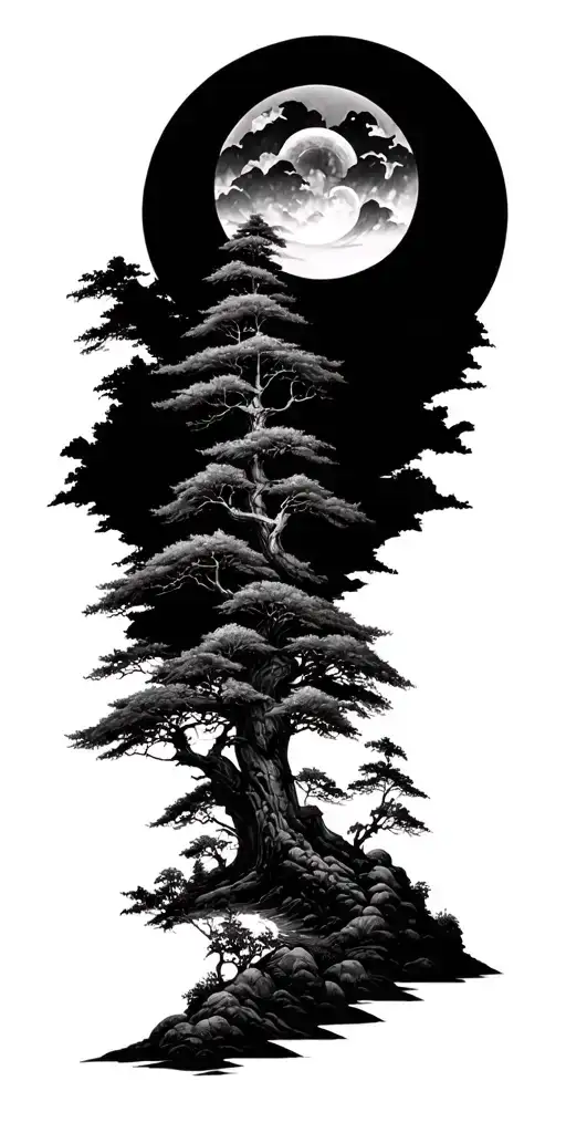 Nova Scotia Nature Landscape Combined With Buddist Symbols In Japanese Black And White Style