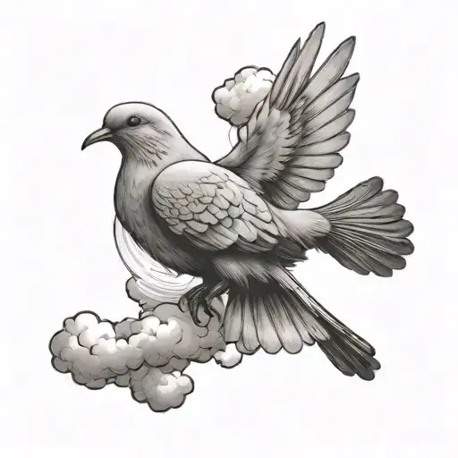 Dove Flying Surrounded By Clouds