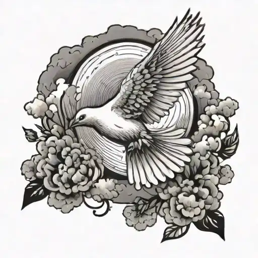 Dove Flying Surrounded By Clouds