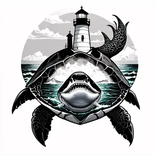 Turtle Back Tattoo With Lighthouse And Shark Inside Shell