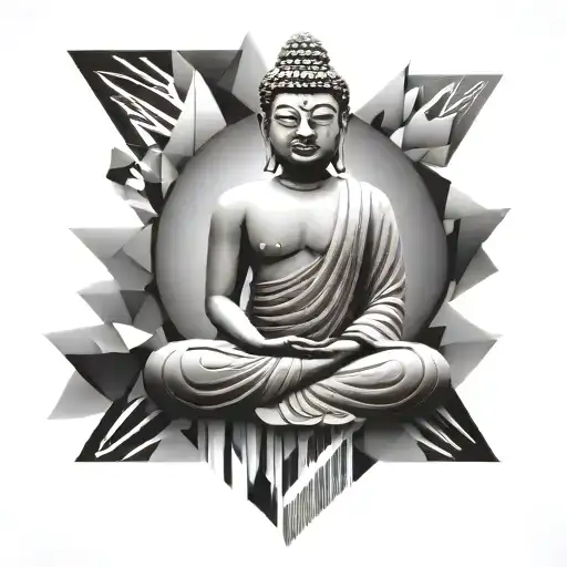 A Buddha Statue With A Background Of Abstract Geometric Shapes Representing Inner Peace