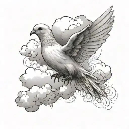 Dove Flying Surrounded By Clouds