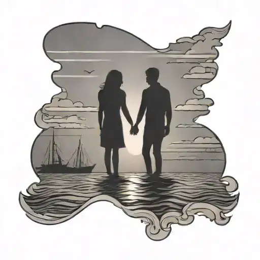 Sunset And Silhouette Of Couple Holding Hands Also A Sailboat