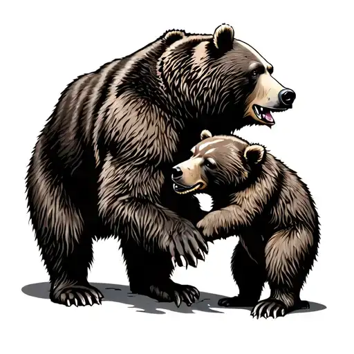 Grizzly Bear Fighting With Its Cub