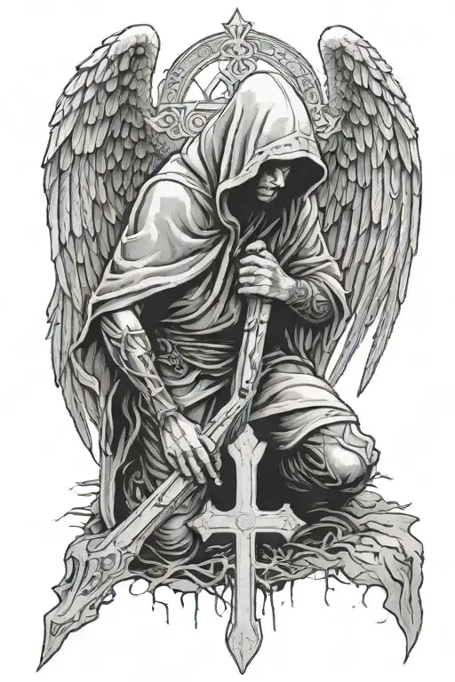 A Hooded Man Kneeling Infront Of A Cross With Decaying Angel Wings On His Back