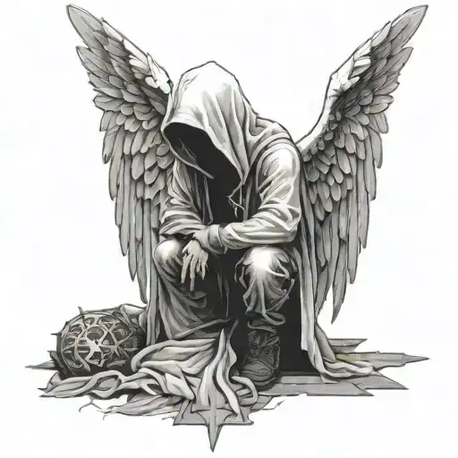 A Hooded Man Kneeling Infront Of A Cross With Decaying Angel Wings On His Back