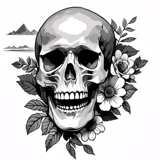 Skulls And Flowers With Mountains And Sunset Sky