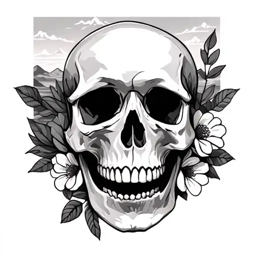 Skulls And Flowers With Mountains And Sunset Sky