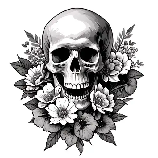 Feild Of Skulls And Flowers In A Mountain Range