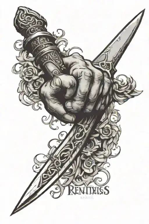 Small Sword Half On Finger And Rest On Hand Also Says Relentless In The Sword