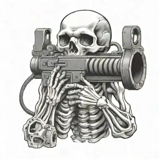 Skeleton In Military Ammunition With Tattoo Machine In Hands Black And White Sketch