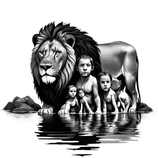 Lion Protecting Family With Water Reflecting