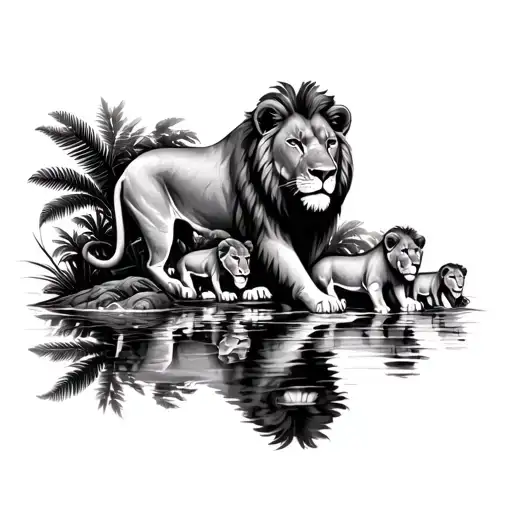 Lion Protecting Family Of Lions With Water Reflecting And A Jungle Background