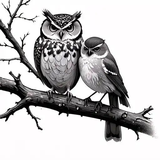 Owl And Robin Perched On A Brach Scene Blended