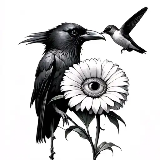 Raven Holding A Gerbera Daisy With Eyeball Center And Hummingbird
