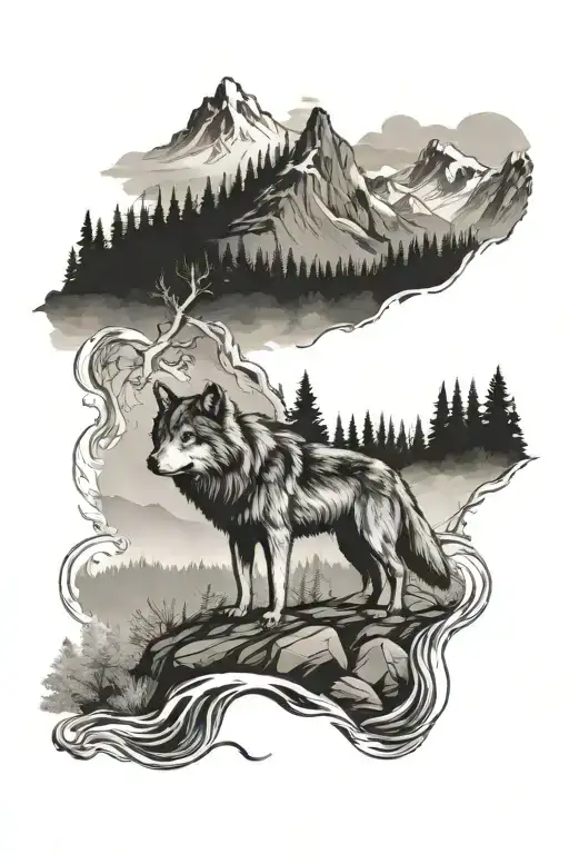 Mountain Forest Scene Featuring Wolf And River Flowing