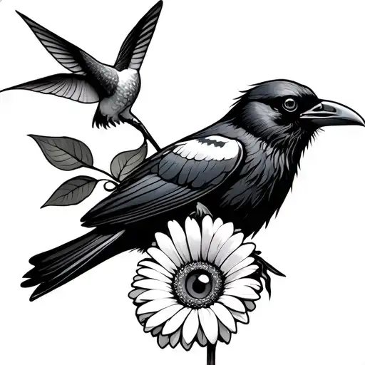 Raven Holding A Gerbera Daisy In Its Beak With Eyeball Center And Hummingbird