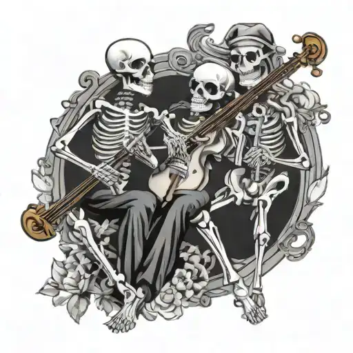 3 Skeletons Medieval Style Play Music Instruments Violin Saxophone And Lyre
