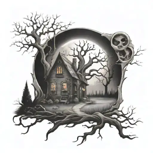 Spooky House With Graveyard Path And A Spooky Tree