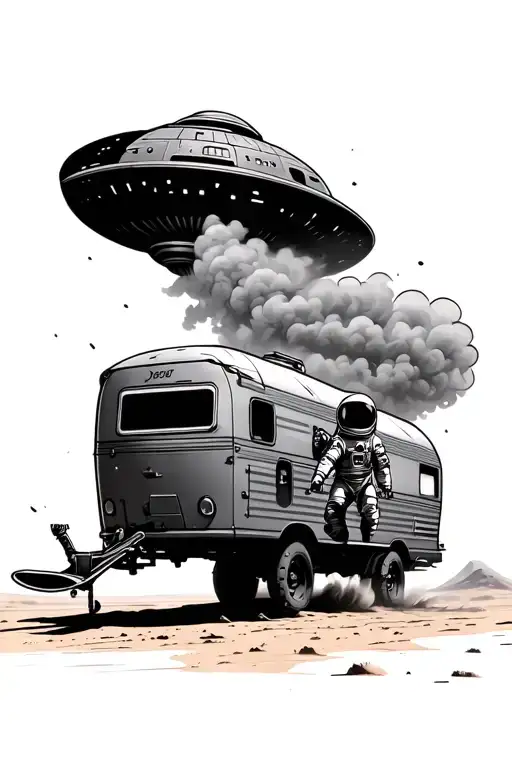 Gas Powered Ufo In The Back Ground With A Astronaut Surfing The Smoke Trailers In The Desert