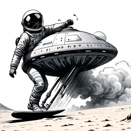 Small Astronaut Surfing Smoke Trailers From A Gas Powered Ufo In The Desert