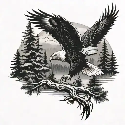 Eagle In Pine Trees Guy Fishing Under Pine Trees