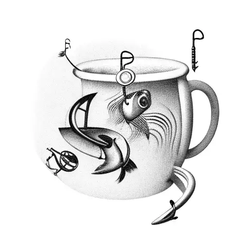 A Coffee Cup With Fishing Hooks As Handles And Musical Symbols As Steam