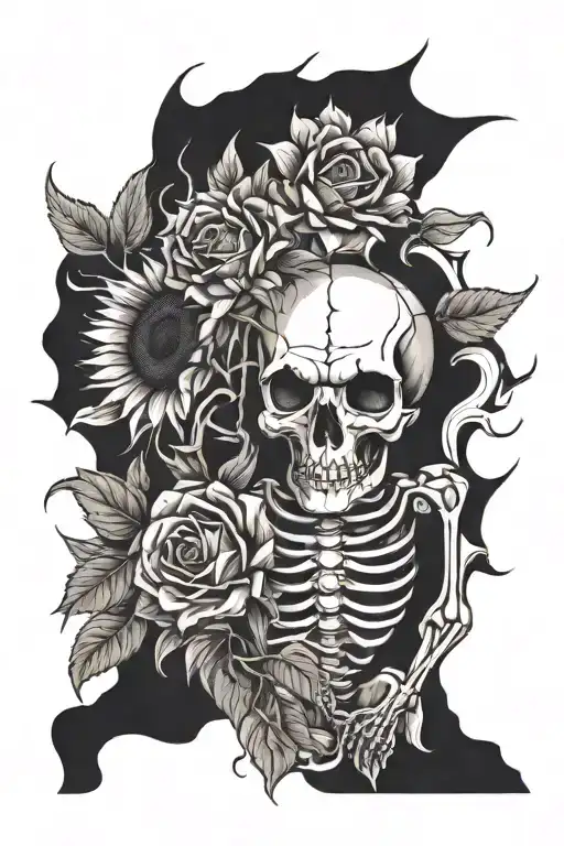 3 Sunflowers And 1 Rose Being Held By A Skeleton Dancing