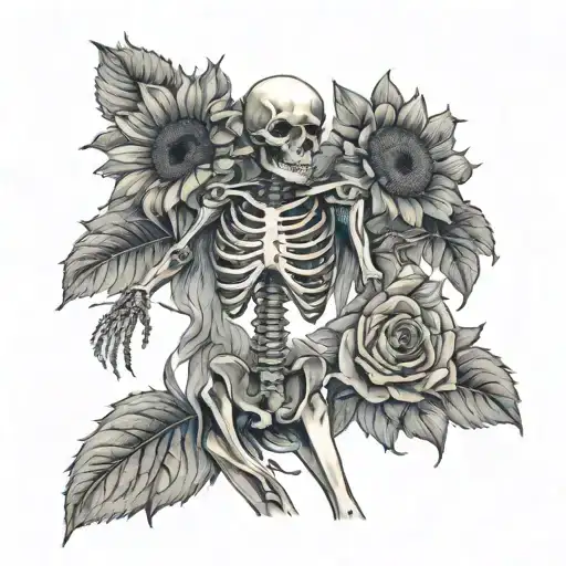 Dancing Full Body Skeleton That Is Holding A Bouquet Of 3 Sunflowers And 1 Rose