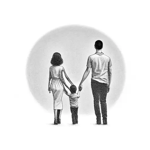 Family Holding Hands Walking Away Into The Sunset