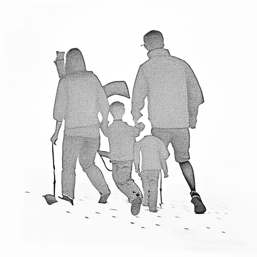 Mum And Dad And 3 Boys Holding Hands Walking Away Into The Sunset