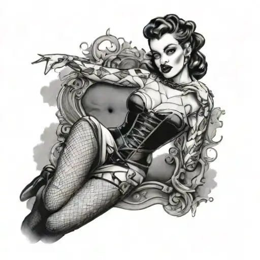 Gothic Photo Realistic Pinup Girl Wearing Corset And Fishnets Bitten By Vampire