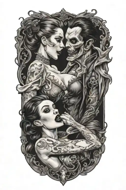 Gothic Realistic Pinup Girl Being Bitten By A Vampire