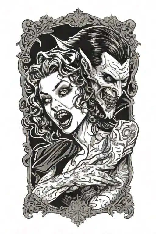 Gothic Realistic Pinup Girl Being Bitten By A Vampire With Spooky Background No Frame
