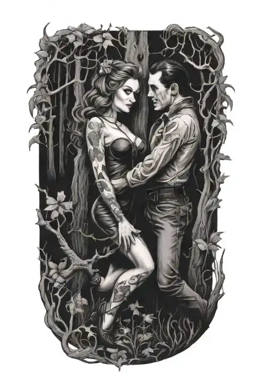 Gothic Realistic Pinup Girl Being Bitten By A Vampire In The Woods