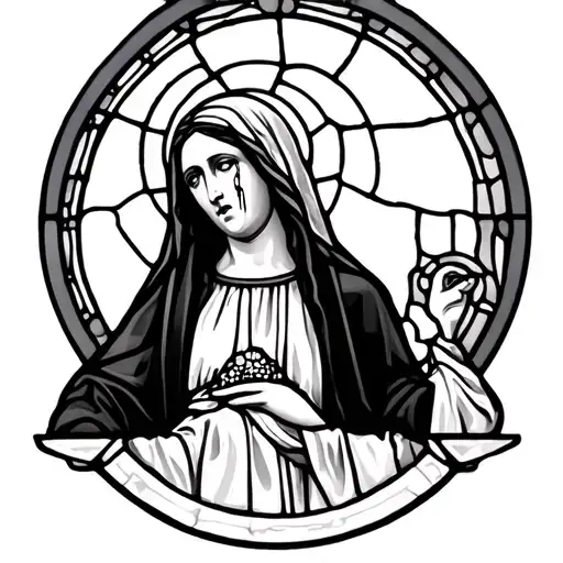 A Catholic Stained Glass Window With A Crying Woman Figure Inside It