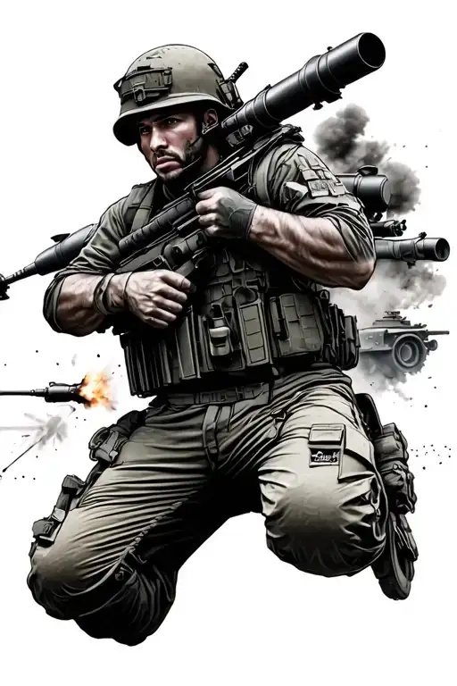 Realistic Soldier Firing 81Mm Mortar With M109 Paladin In The Background