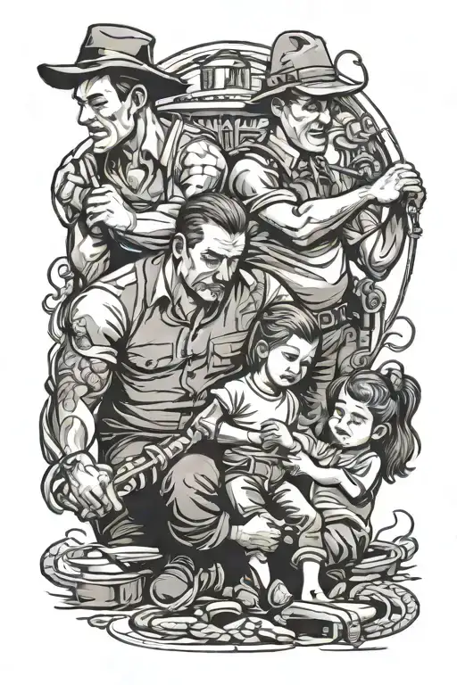 Family Of Five With Dad Working Hard Work